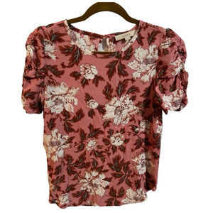LOFT Floral Blouse with Ruched Sleeves